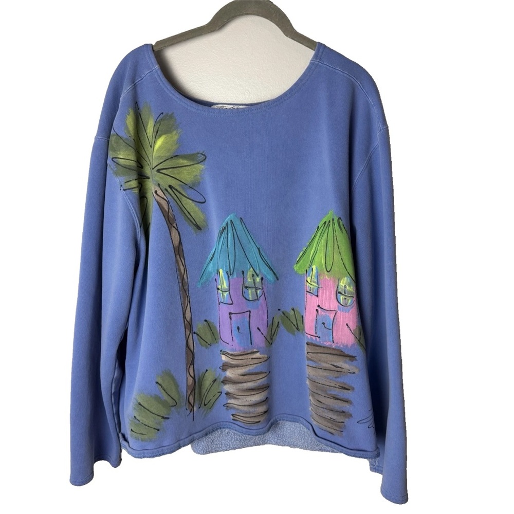 Victoria Sweatshirt Size Large Looks Handpainted Tropical Cotton Blend Palm Tree